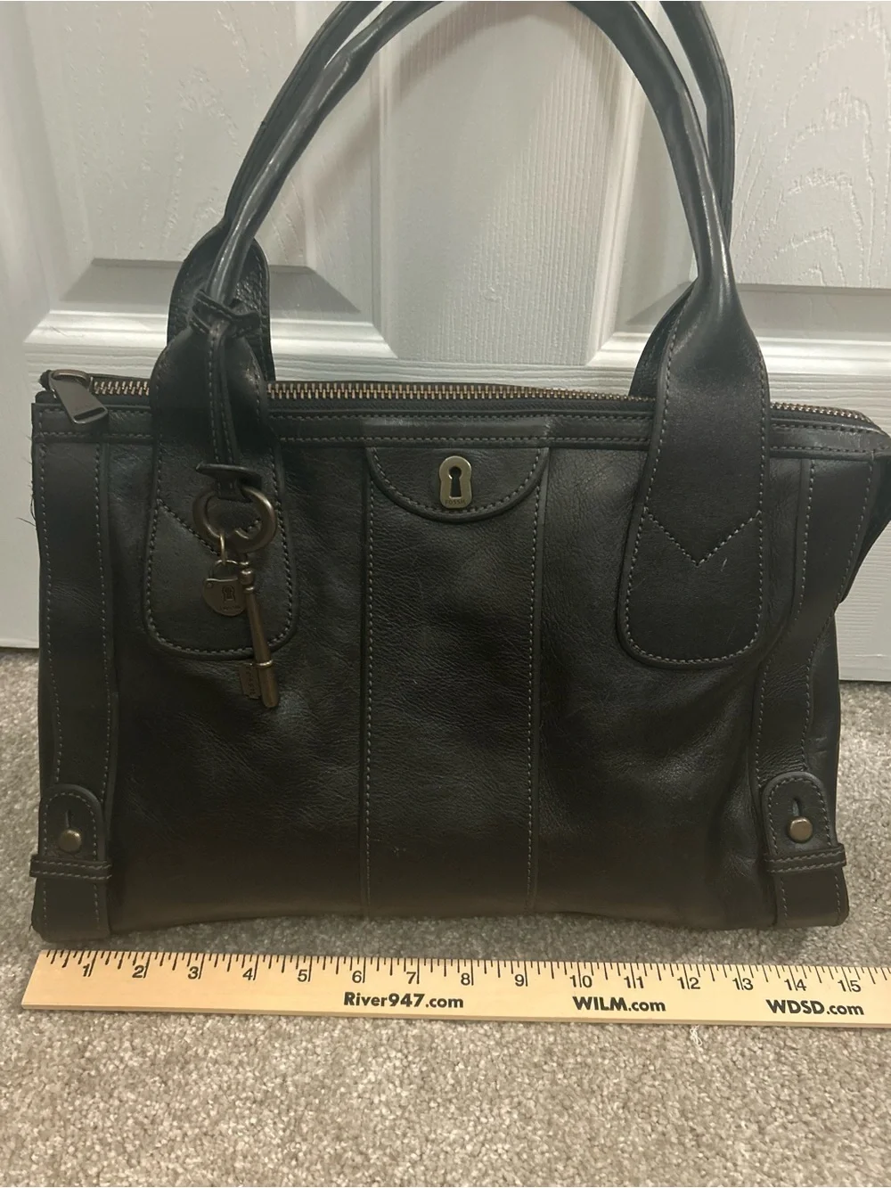 Fossil Dark Brown Leather Satchel Shoulder Bag Key Charm